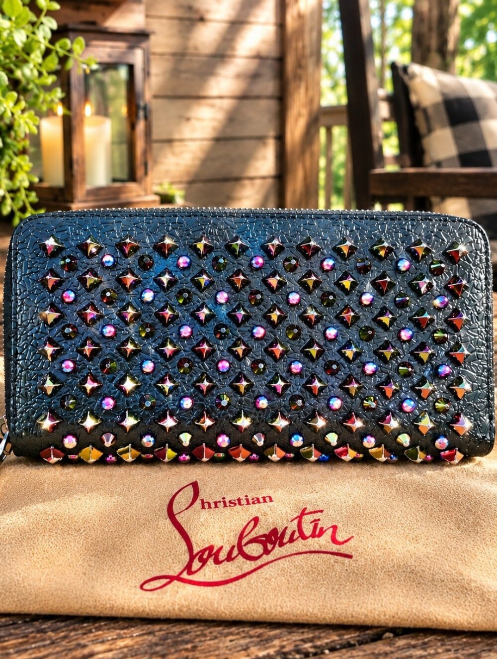 Christian Louboutin Black Leather Zip Wallet with Multicolored Studs/ Dust Bag